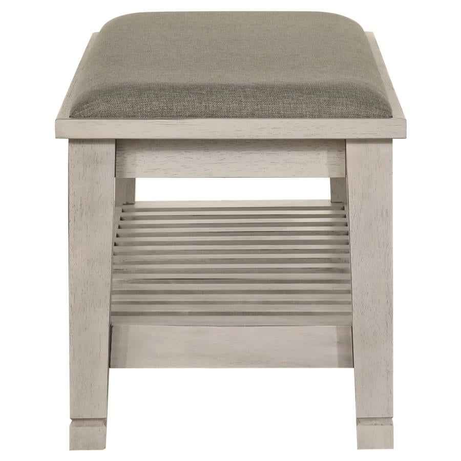 Franco Fabric Upholstered Bench with Shelf Distressed White
