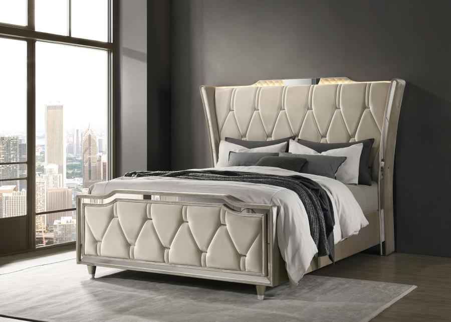 Lorient Queen LED Upholstered Wingback Bed Ivory and Camel