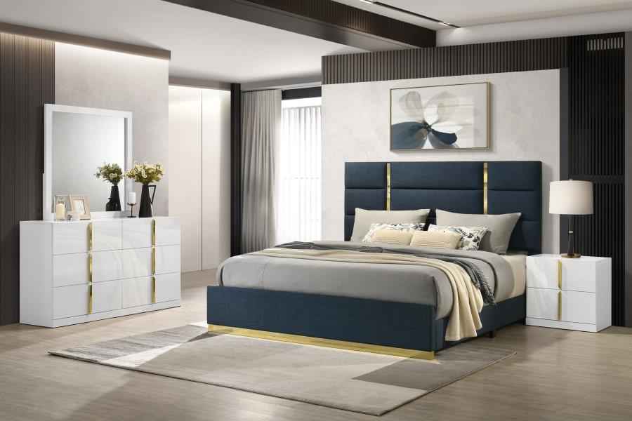 Ines 4-piece Eastern King Bedroom Set Navy and White High Gloss - Home & Sleep Outlet