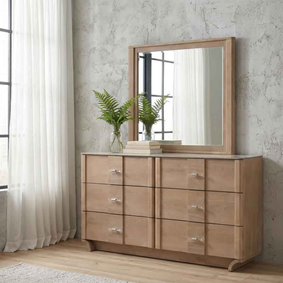 Leanne 6-drawer Sinter Stone Top Dresser and Mirror Light Oak