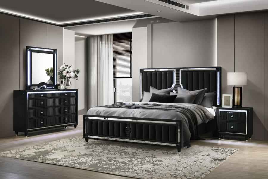 Ravenne 4-piece Velvet Upholstered Queen LED Bedroom Set Black