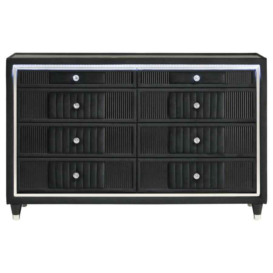 Ravenne 8-drawer Velvet Upholstered LED Dresser Cabinet Black