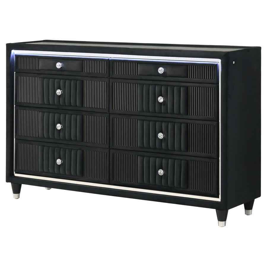 Ravenne 8-drawer Velvet Upholstered LED Dresser Cabinet Black