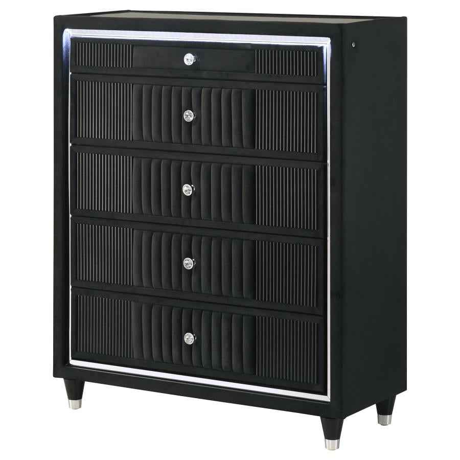 Ravenne 5-drawer Velvet Upholstered LED Chest of Drawers Black