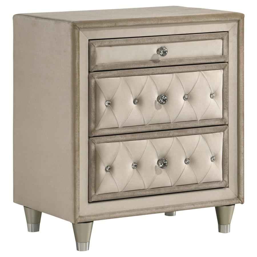 Antonella Upholstered 3-drawer Nightstand Ivory and Camel