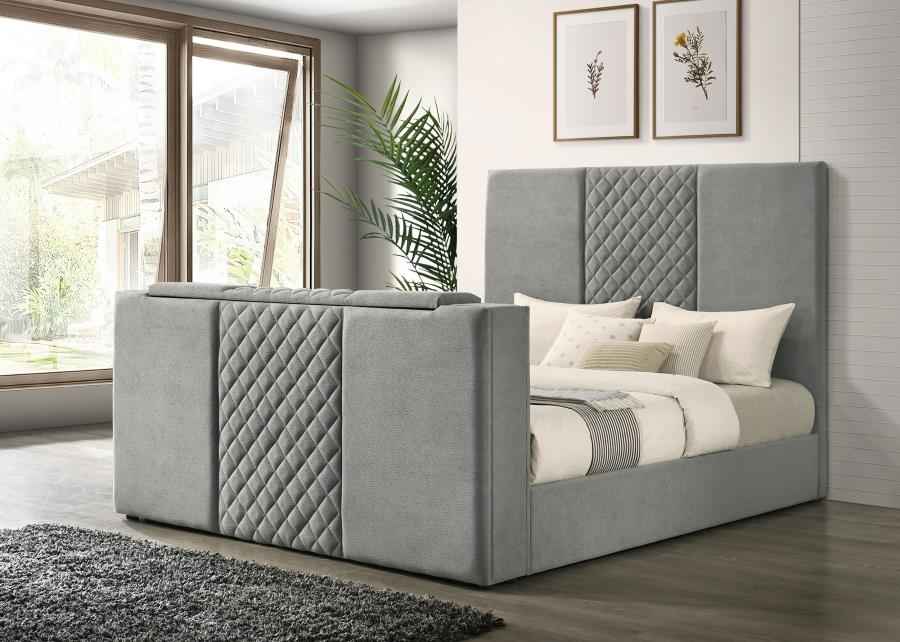 Tara 61-inch Upholstered Eastern King Panel TV Bed Grey