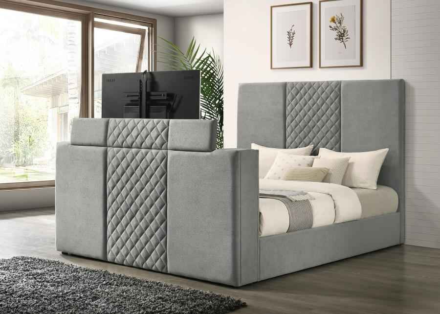 Tara 61-inch Upholstered Eastern King Panel TV Bed Grey