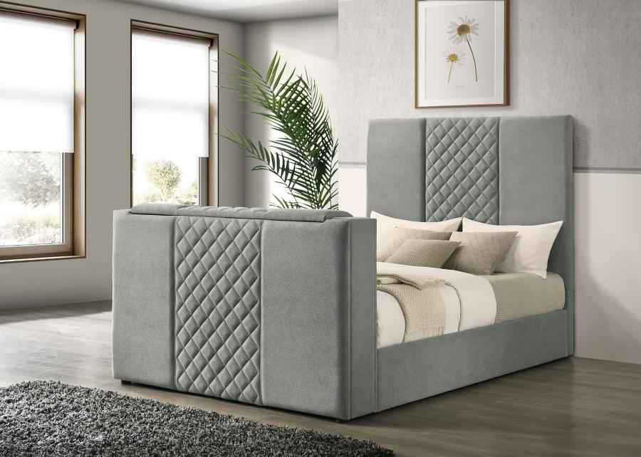 Tara 61-inch Upholstered Queen Panel TV Bed Grey