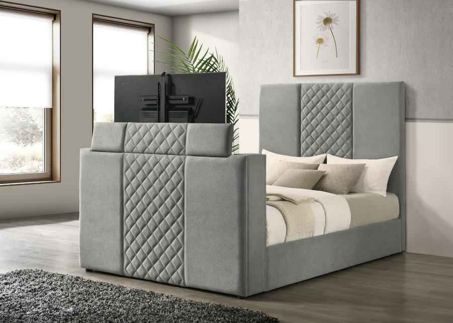 Tara 61-inch Upholstered Queen Panel TV Bed Grey