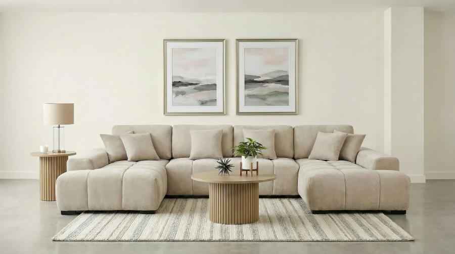 Cannella U-Shaped Double Chaise Upholstered Sectional Sofa Beige