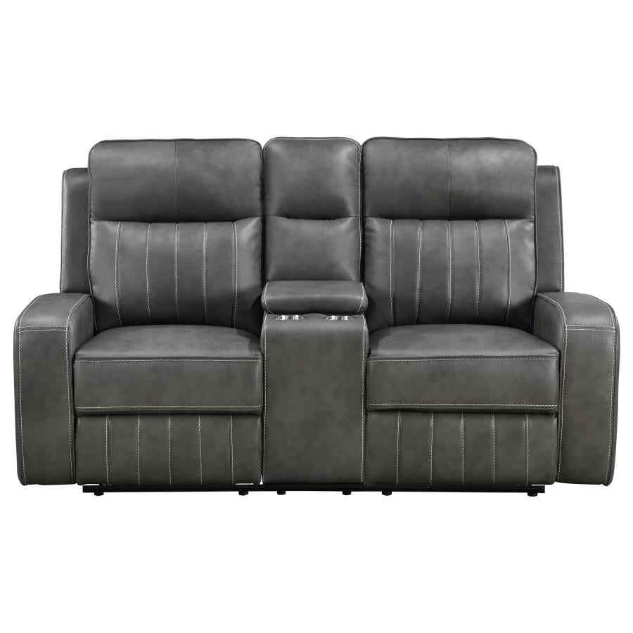 Raelynn Upholstered Track Arm Motion Loveseat Grey - Home & Sleep Outlet