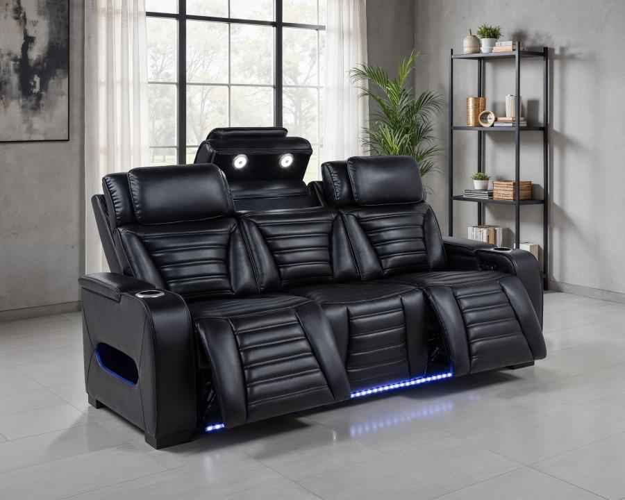 Zuma Faux Leather Dual Power Reclining LED Sofa Black - Home & Sleep Outlet