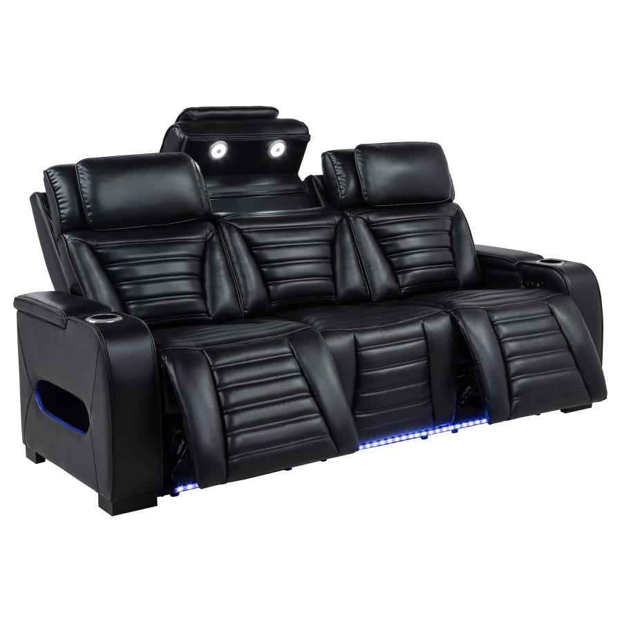 Zuma Faux Leather Dual Power Reclining LED Sofa Black - Home & Sleep Outlet