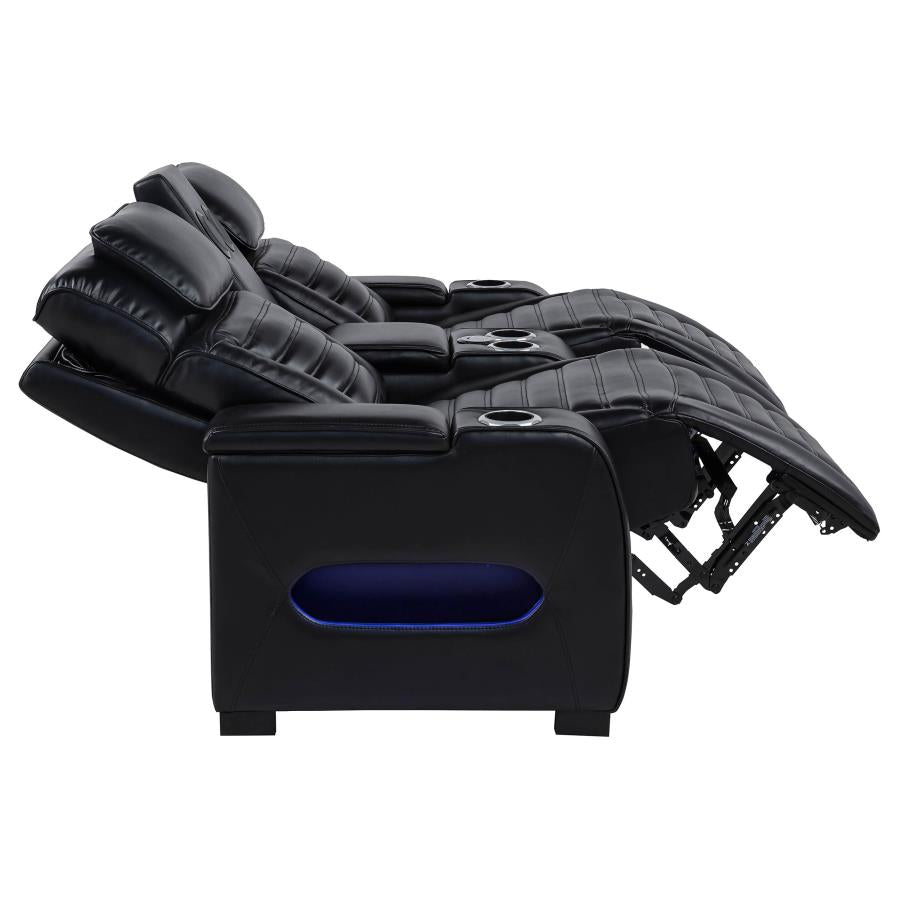 Zuma Faux Leather Dual Power Reclining LED Loveseat Black - Home & Sleep Outlet