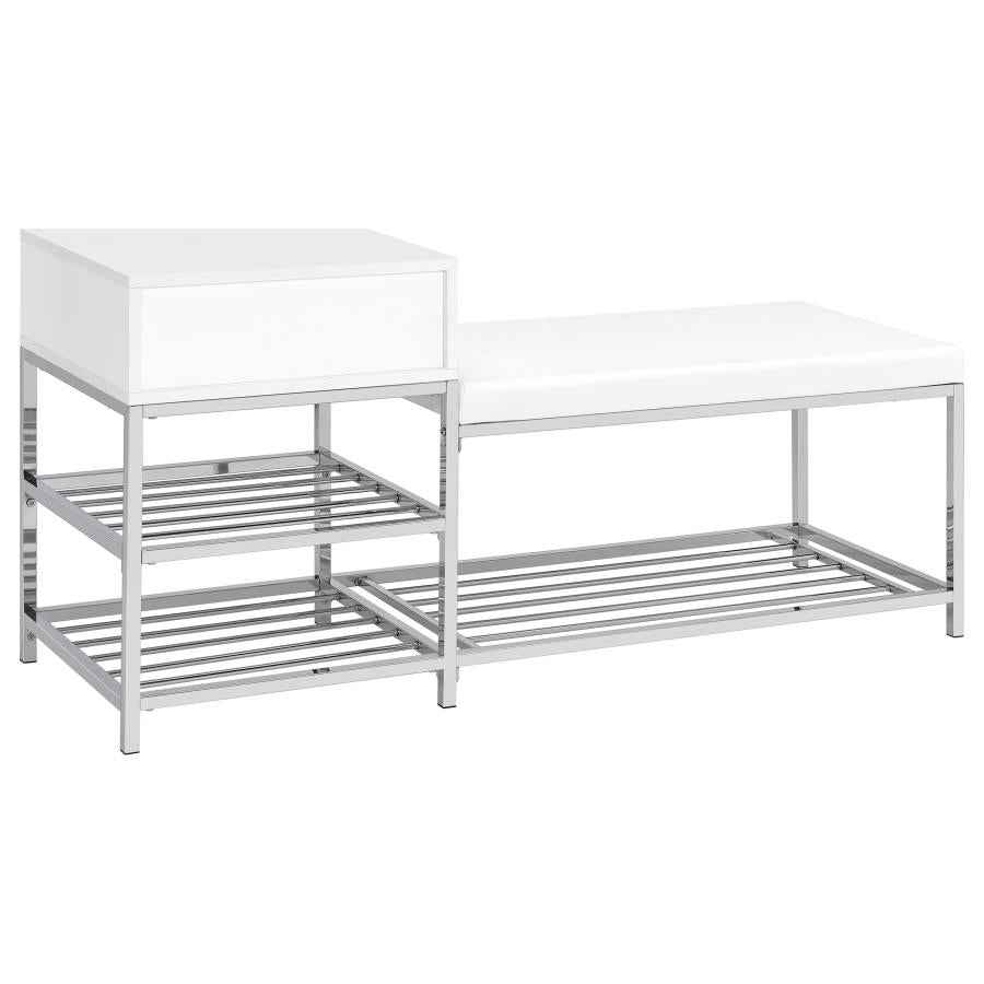 Siega 1-Drawer Shoe Storage Entryway Bench White High Gloss and Chrome