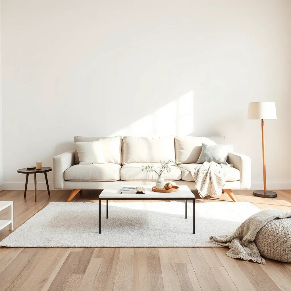 Budget-friendly living room with a sofa, coffee table, side chair, and warm lighting