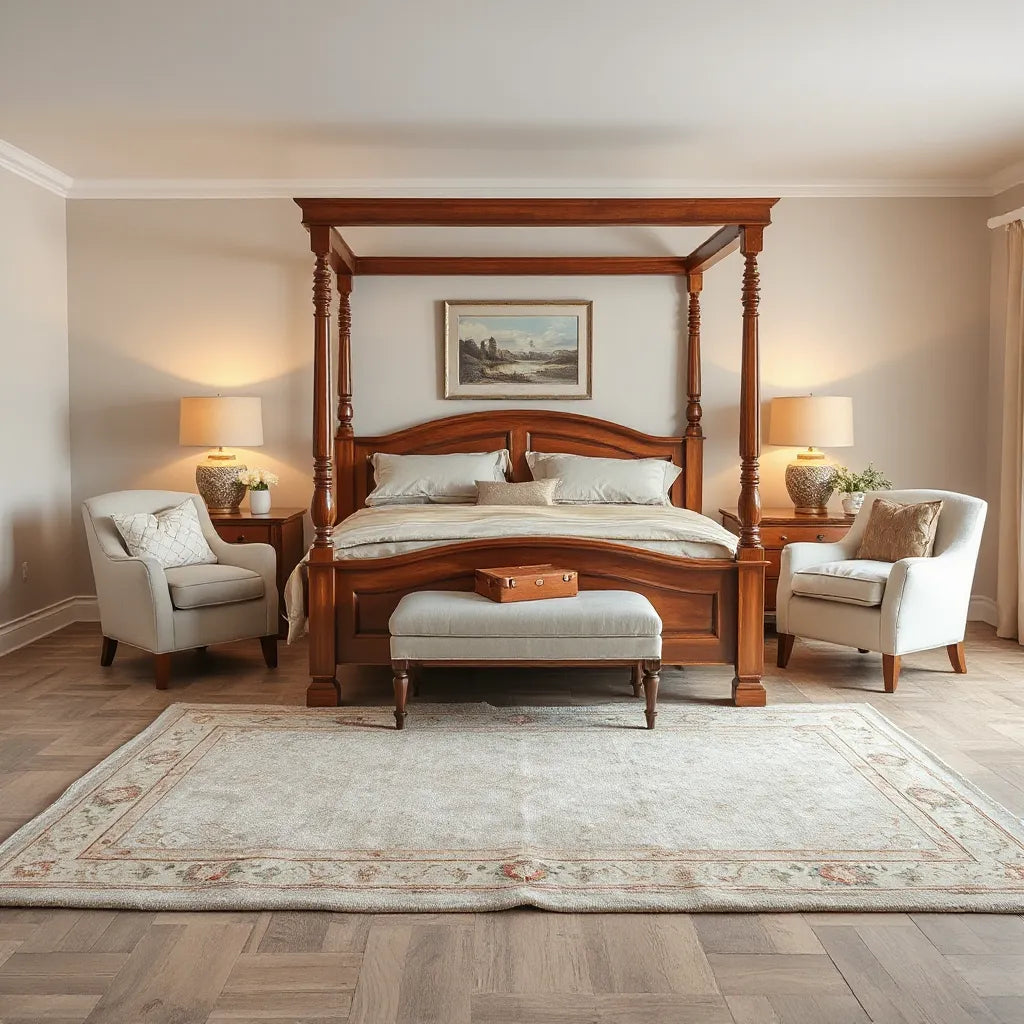 Traditional bedroom with a carved wooden bed, matching bedside lamps, and warm neutral decor