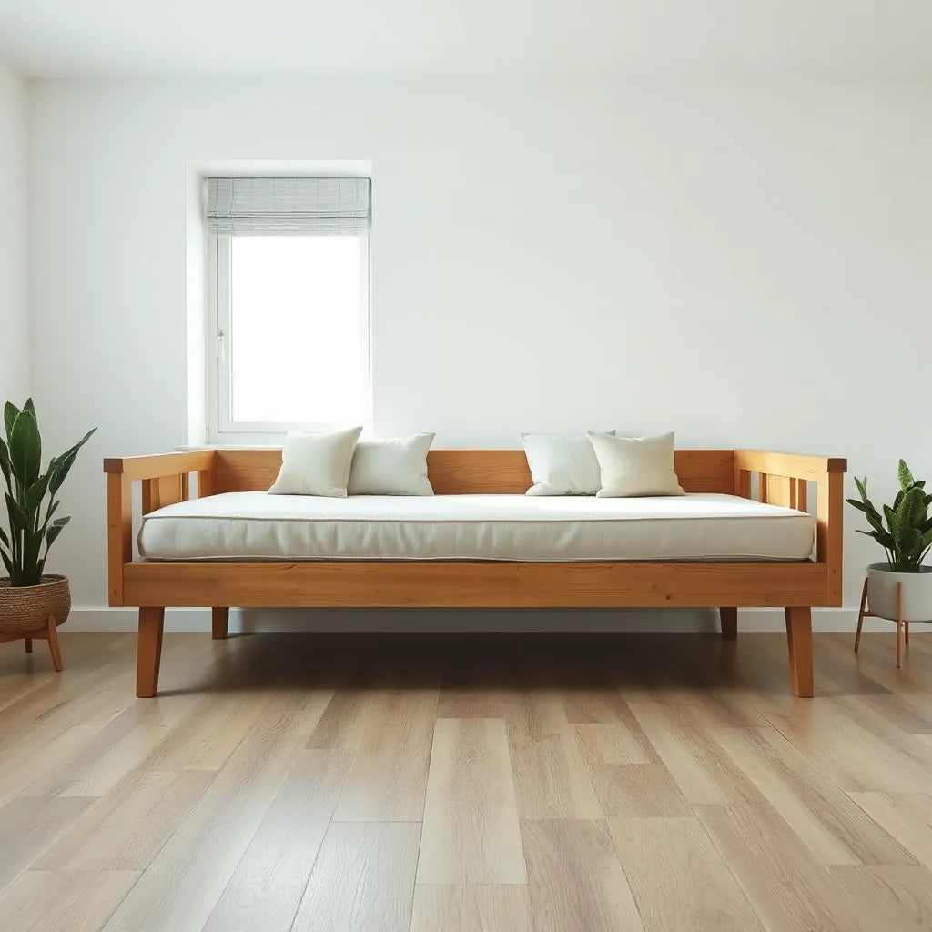 Natural wood daybed with neatly made neutral bedding in a bright, modern living room