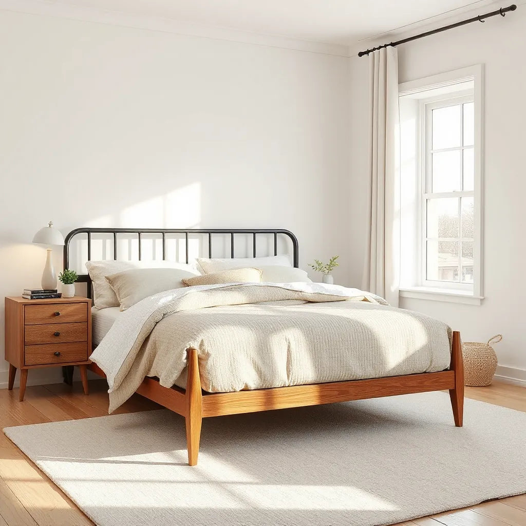 Full sleigh bed with curved headboard and footboard in a bright, minimalist bedroom