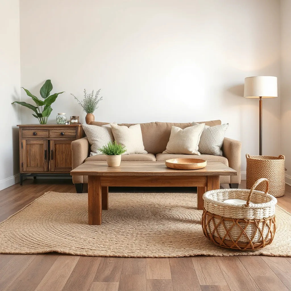 Cozy living room with rustic wood furniture, warm lighting, woven textiles, and neutral decor accents