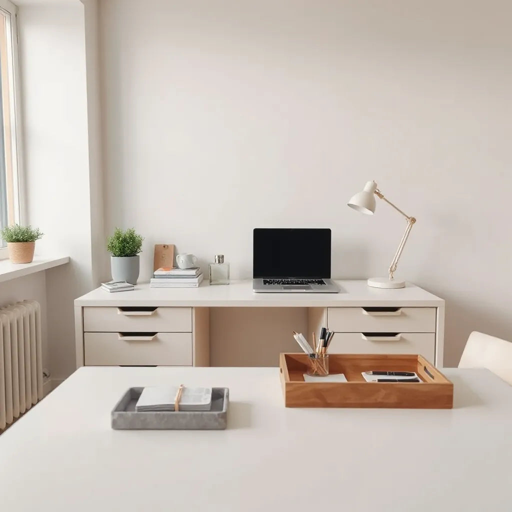 Modern office bureau with drawers, desk lamp, and neatly organized workspace in soft daylight