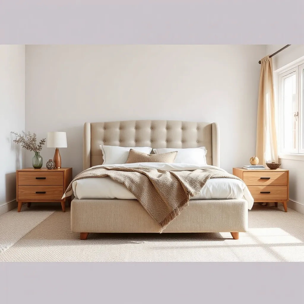 Neutral bedroom with a timeless bed set, coordinated nightstands, warm bedding, and soft natural light