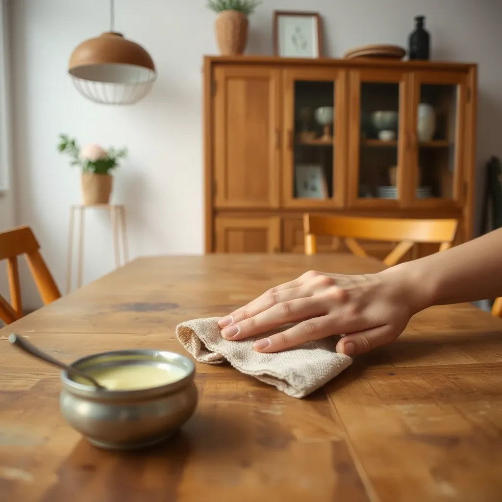 Hand wiping a natural wood surface with a soft cloth beside a wooden cabinet