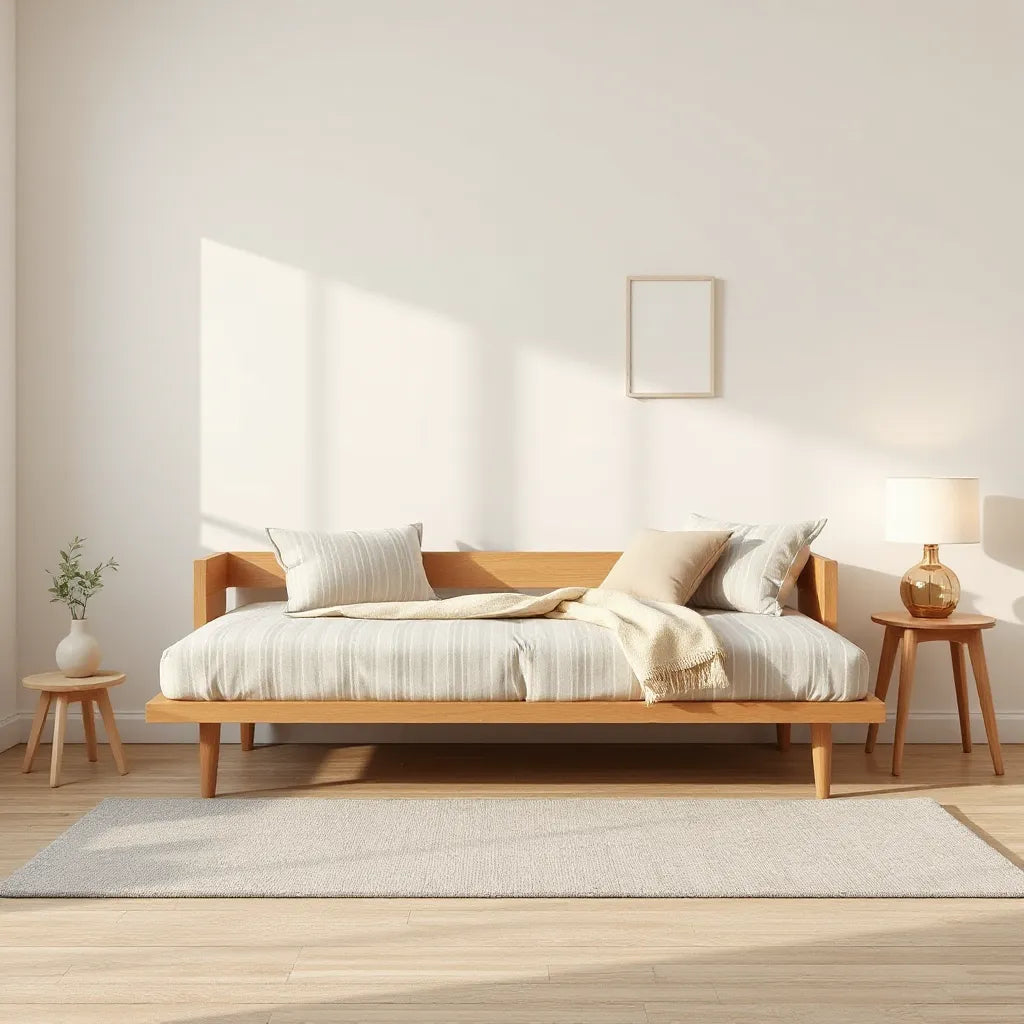 Twin daybed styled with coordinated bedding, pillows, and a side table in a bright living space