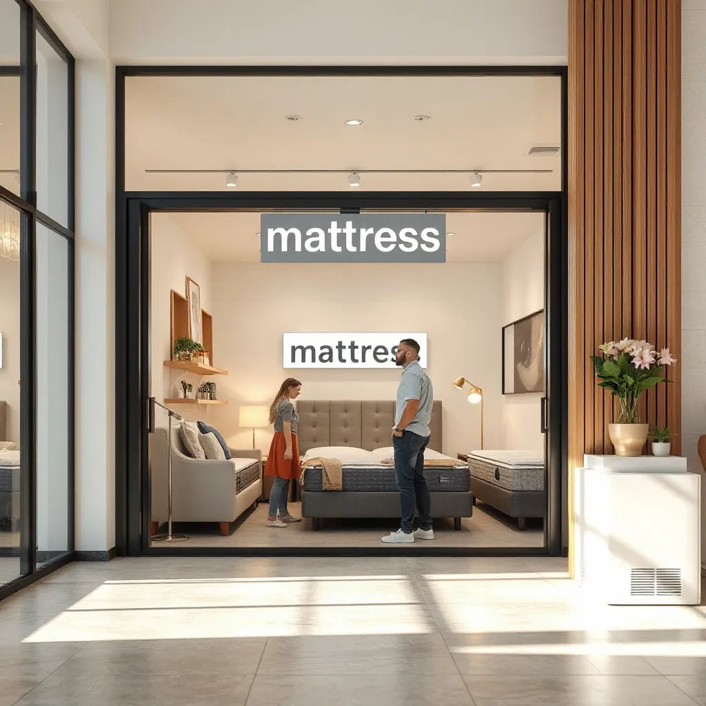 Customer browsing neatly arranged mattresses inside a bright store entrance