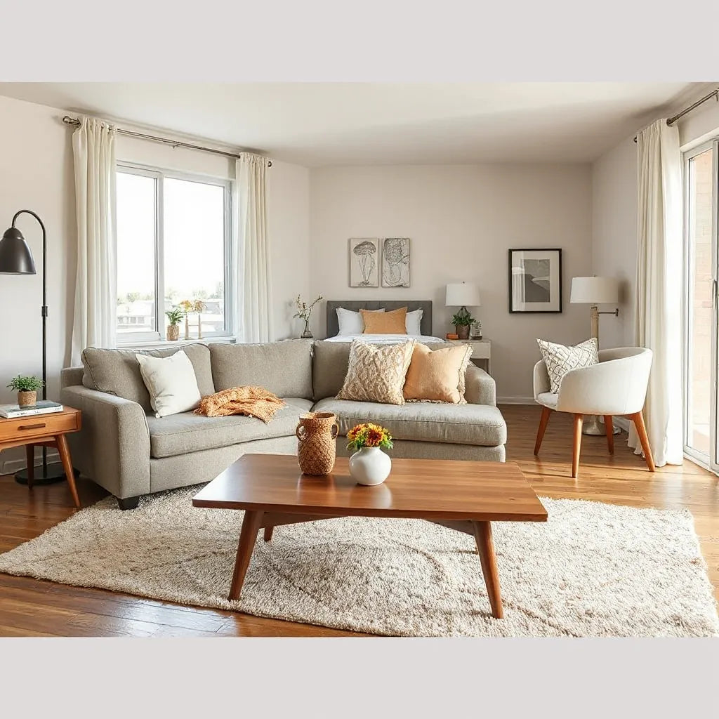 Bright living room with affordable sofa, coffee table, and dining set for a home furniture shopping guide