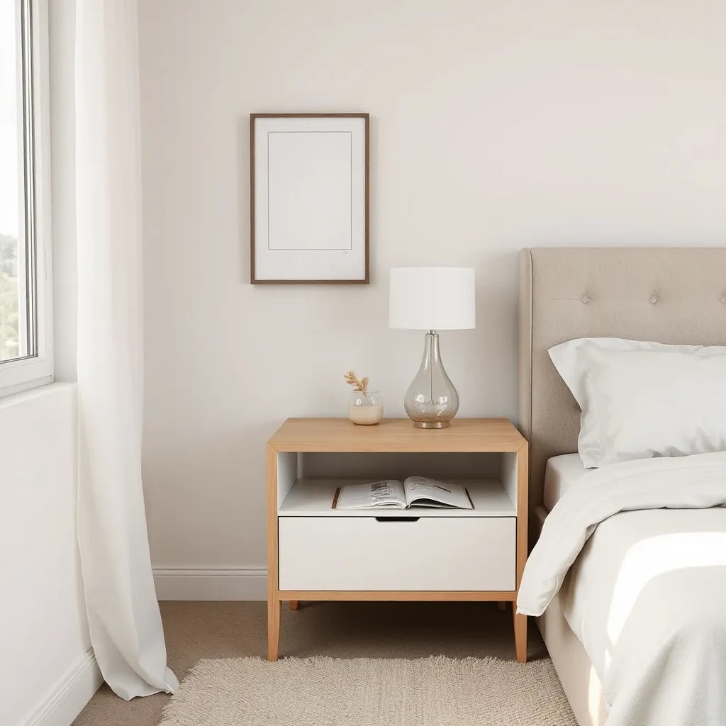 Modern nightstand beside a bed with lamp and book, showing drawer and open shelf storage