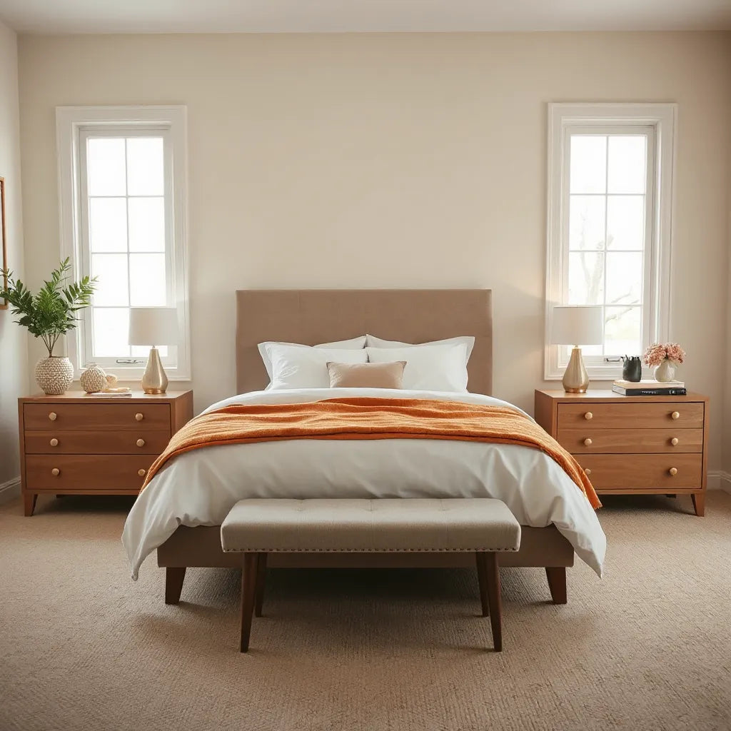 A neatly styled modern bedroom with a matching bed, dresser, and nightstands in warm neutral tones