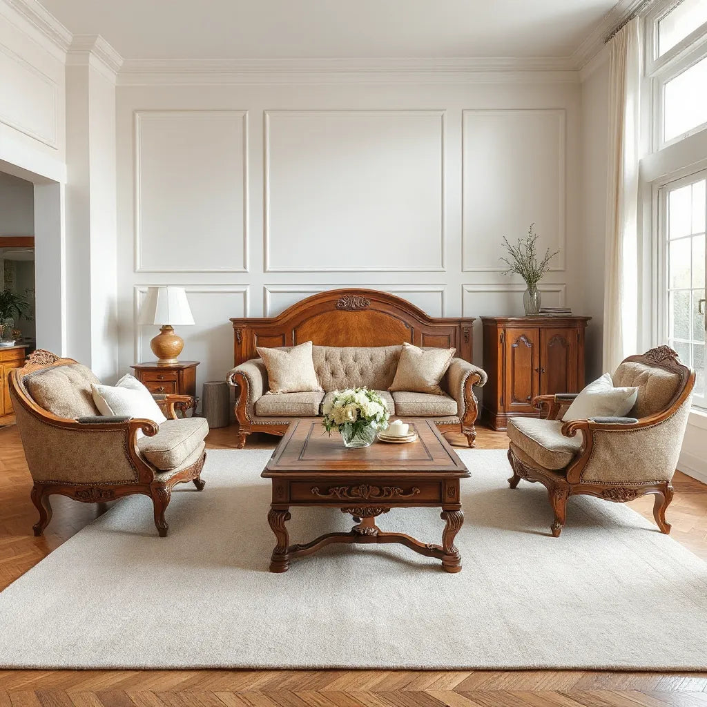 Traditional living room with classic wooden sofa, ornate coffee table, and side chairs in warm neutral tones