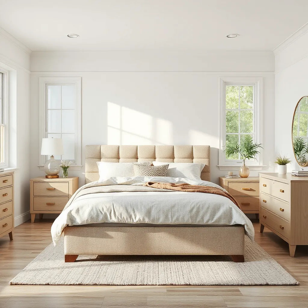 Modern bedroom with matching bed, nightstands, and dresser in soft natural light