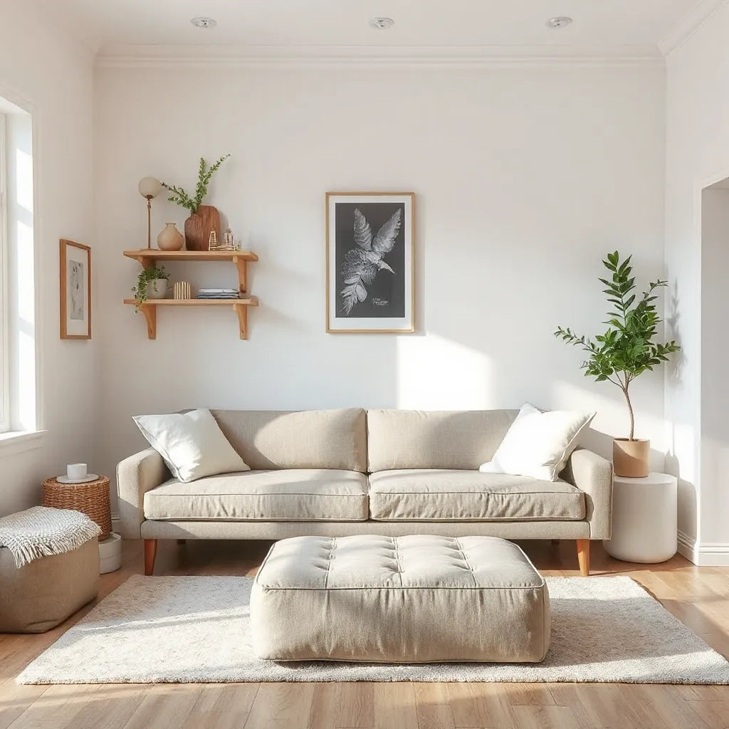 Compact sofa bed, floating shelves, and storage ottoman in a bright small living room