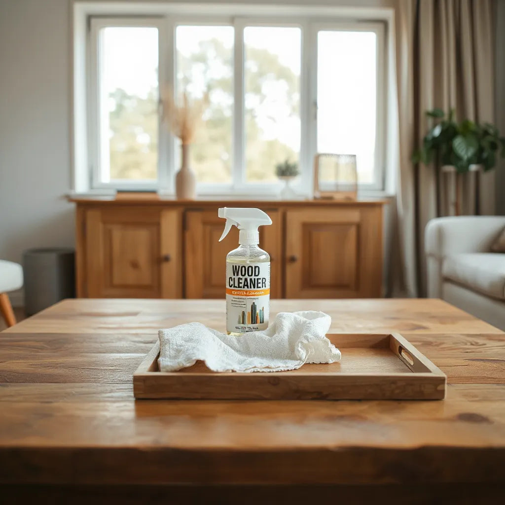 Wooden furniture with visible grain, microfiber cloth, and gentle cleaning supplies on a tidy table
