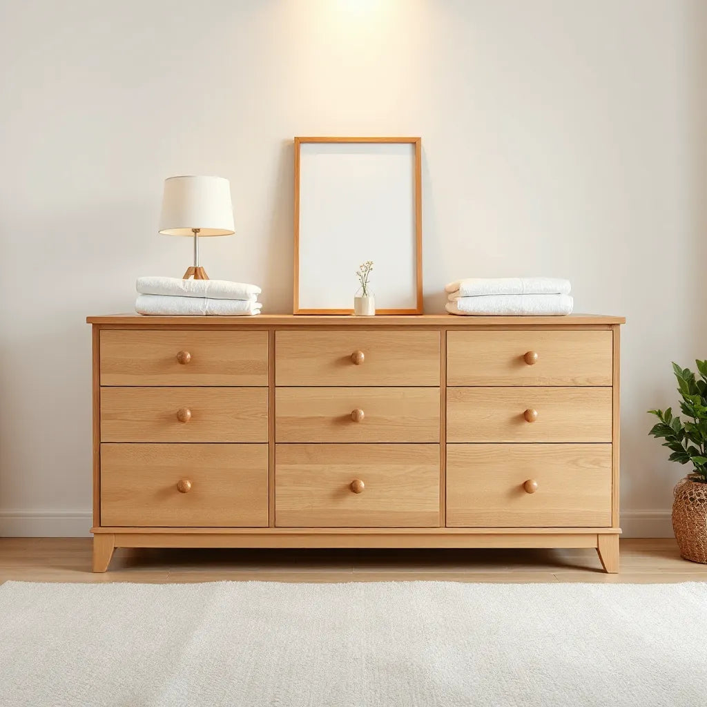 Seven-drawer wooden dresser with warm lighting and neatly styled top in a simple bedroom