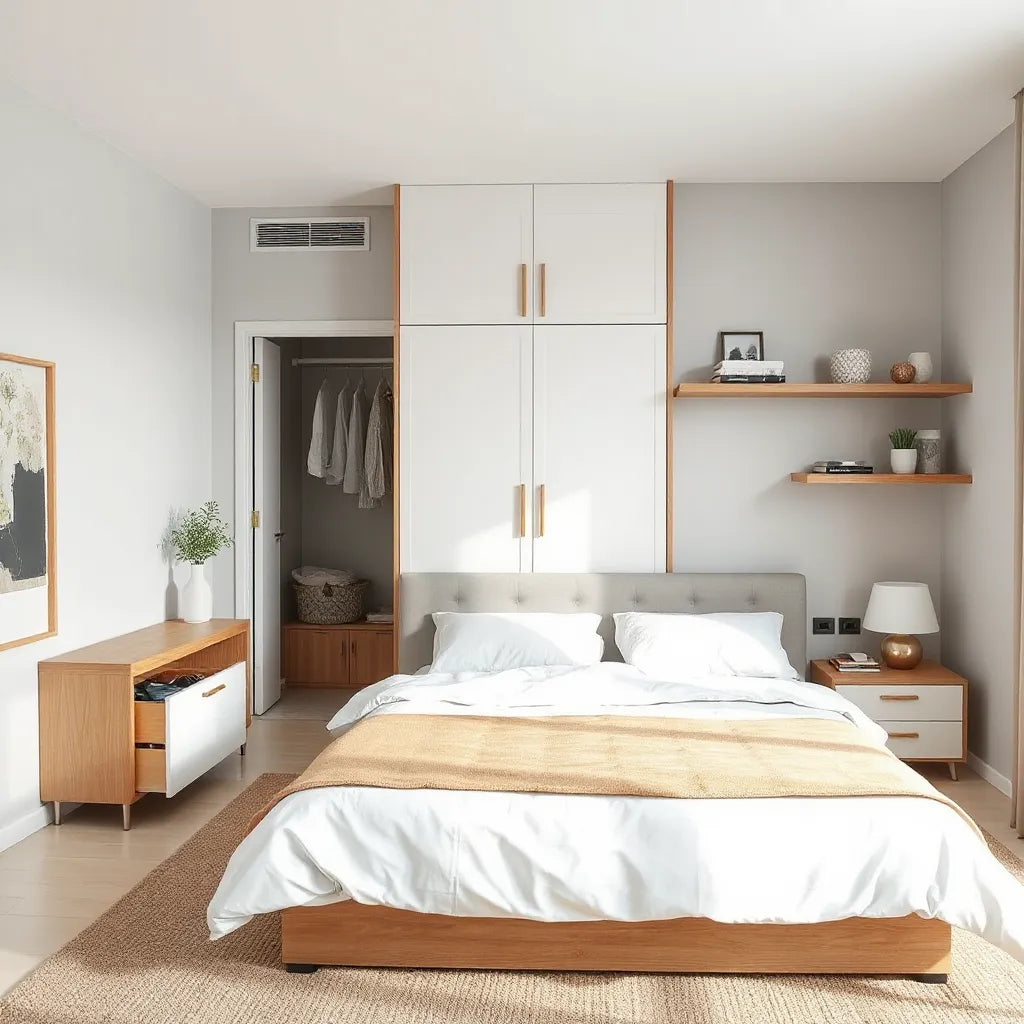 Modern bedroom with bed drawers, closet organization, and discreet shelving for storage