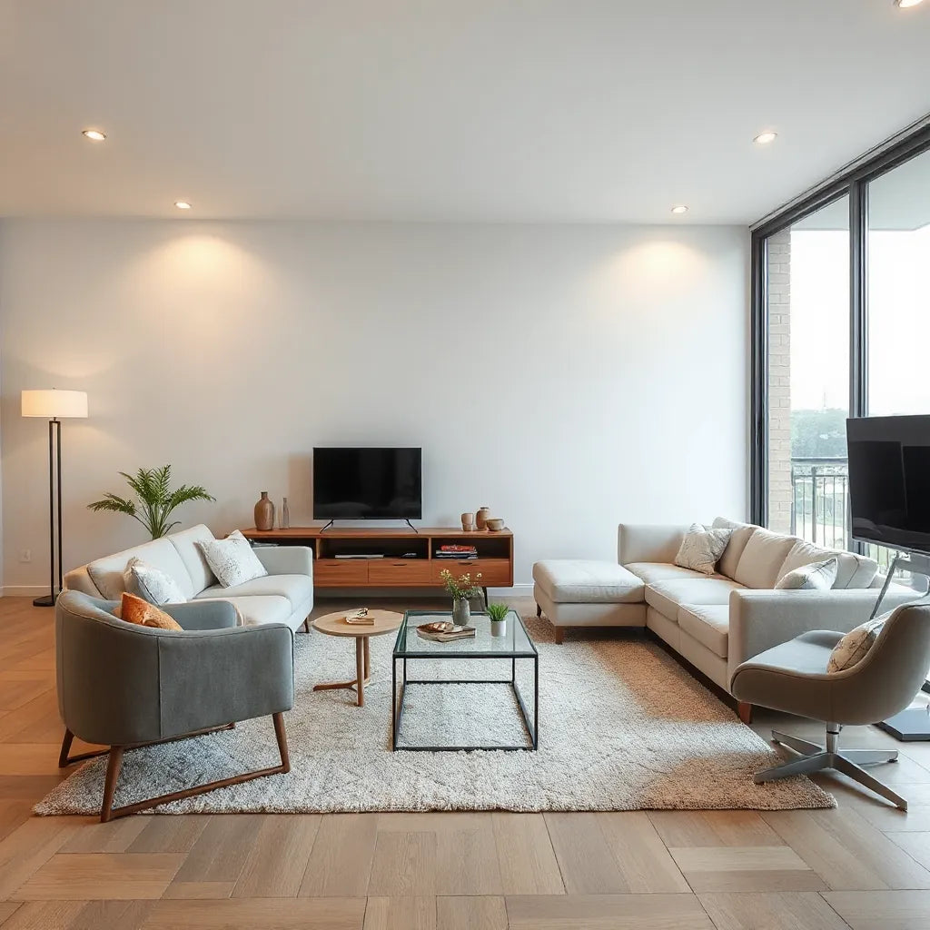 Modern living room with neutral sofa, sleek coffee table, minimal console, and warm natural light