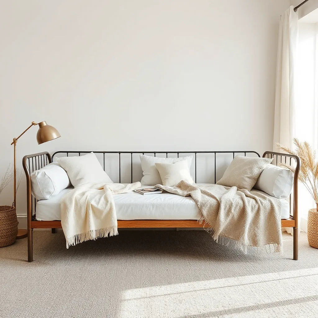 Comfortable daybed with soft cushions and neutral pillows in a bright, uncluttered living room