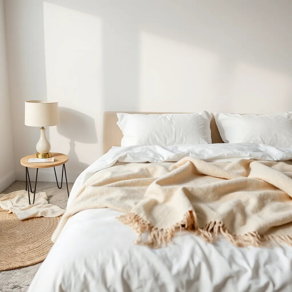 Neatly made bed with layered bedding and soft natural light from a window