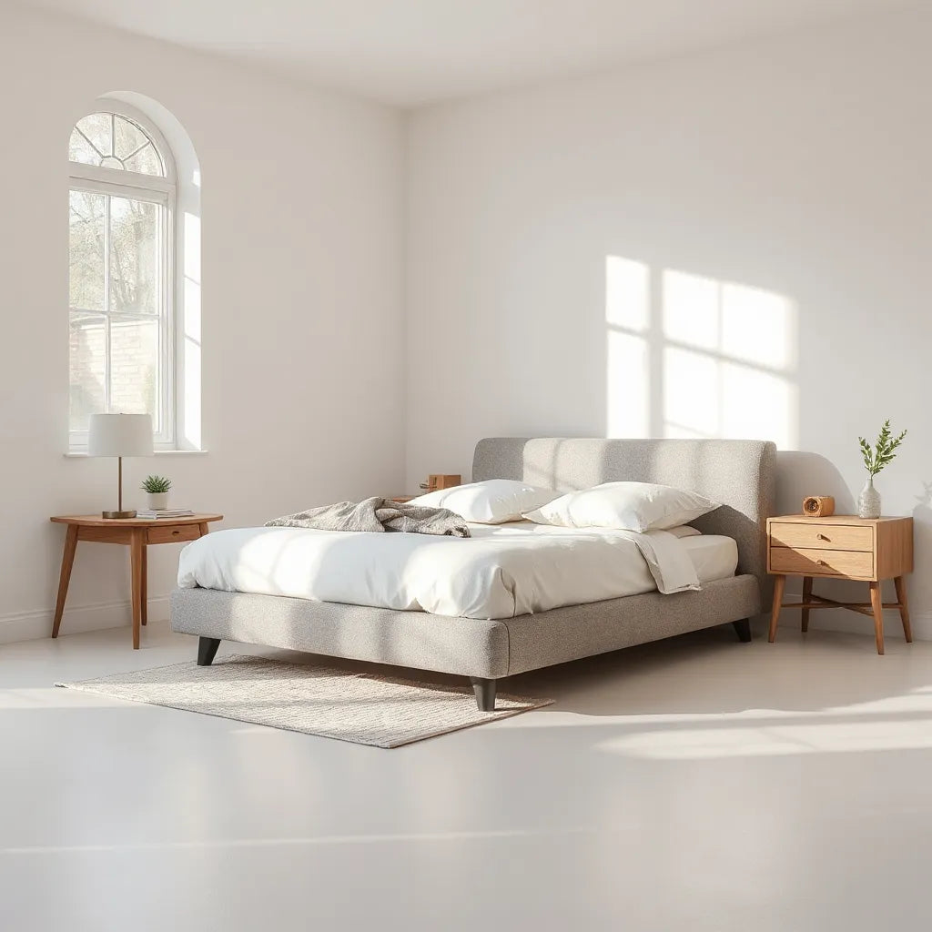 Low-slung upholstered bed in a modern, uncluttered bedroom with neutral bedding and soft natural light