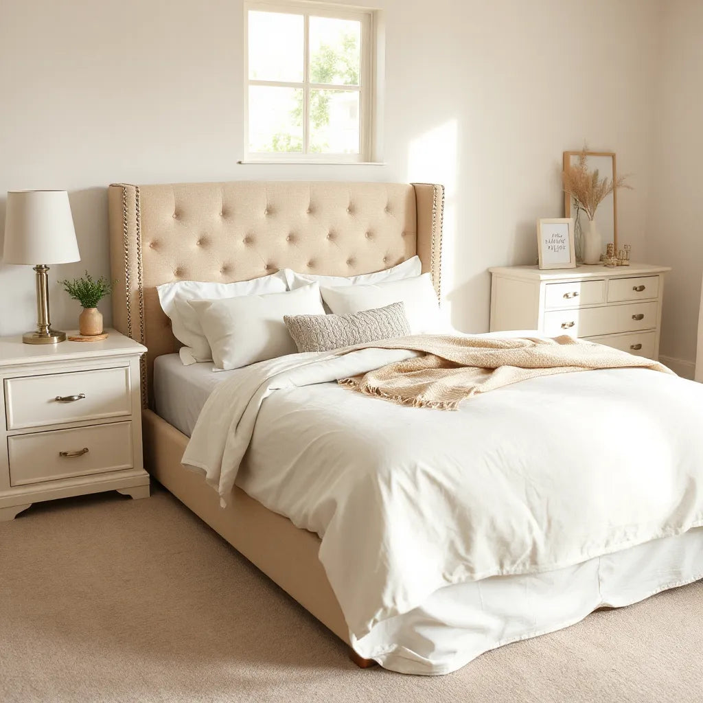 Elegant upholstered bed with matching nightstands and a neutral dresser in a bright bedroom