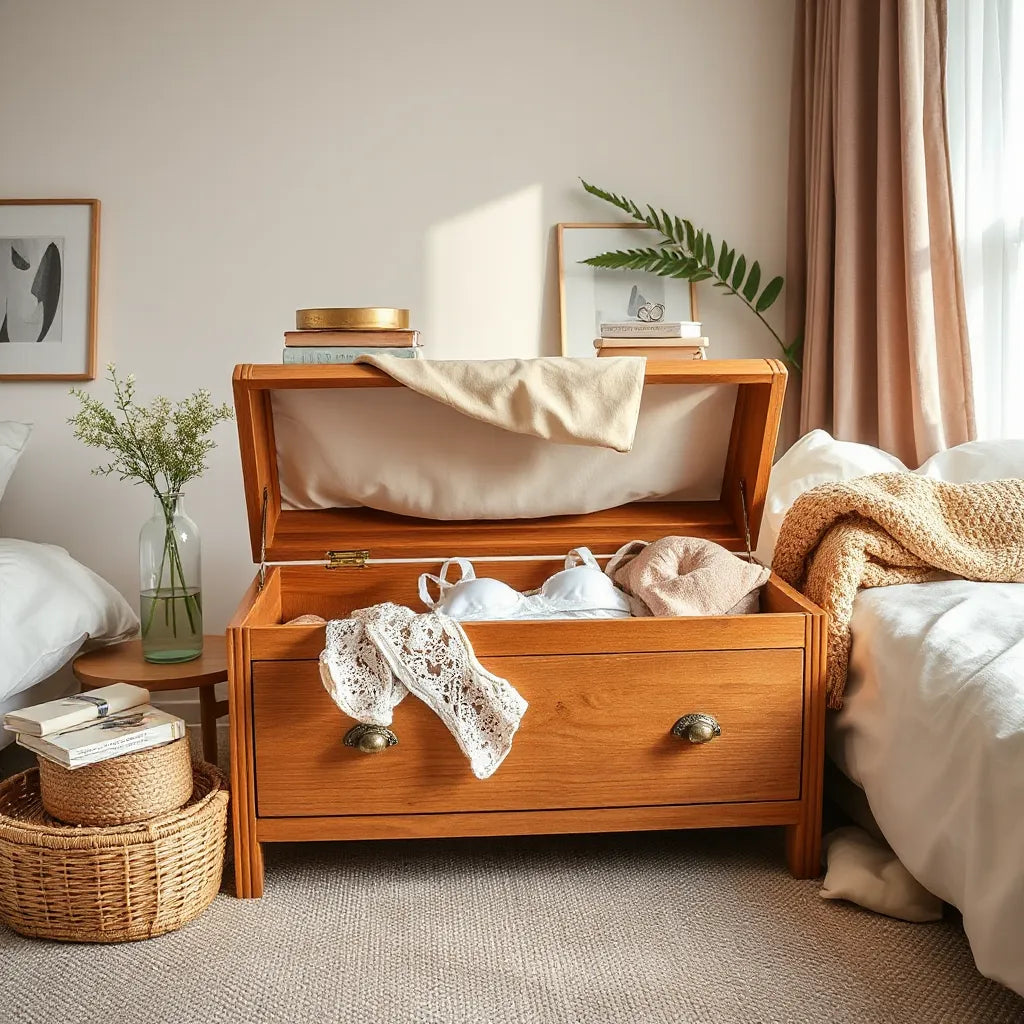 Wooden lingerie chest in a bedroom with neatly folded lingerie in an open drawer