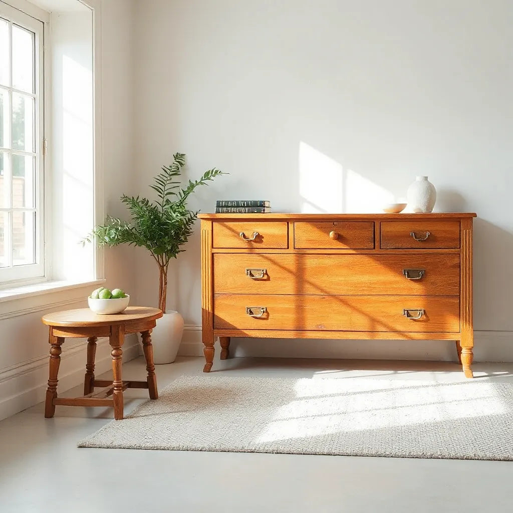 Vintage cherry wood dresser with classic hardware and warm patina in a bright, neutral room