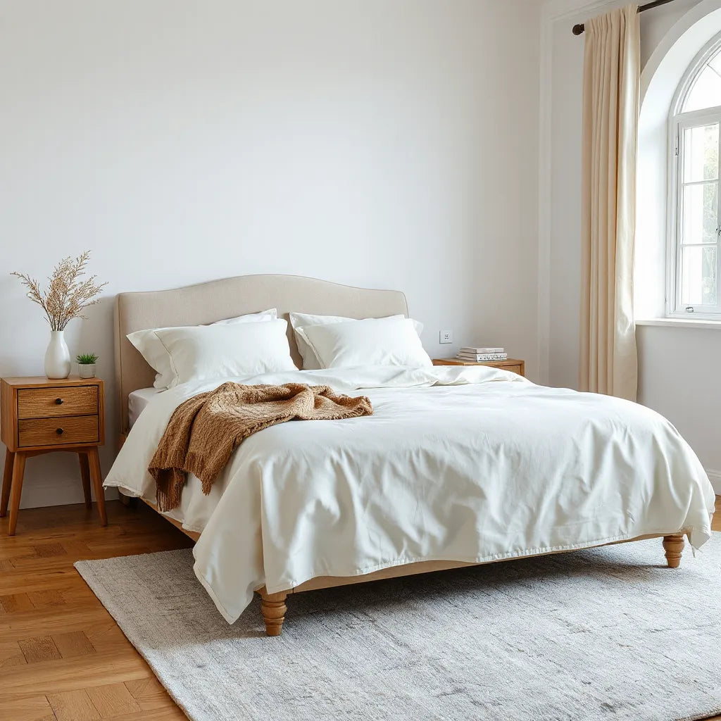 A queen sleigh bed in a bright bedroom with neutral linens and curved headboard