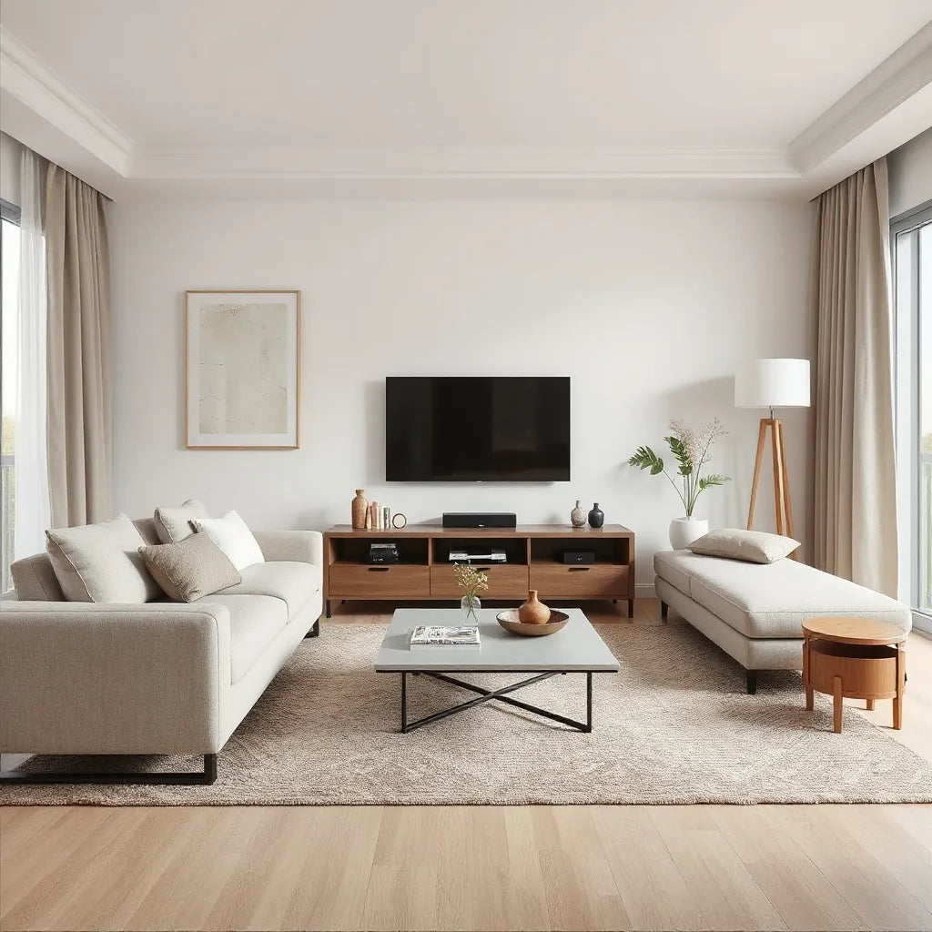 Bright modern living room with sectional sofa, contemporary coffee table, media console, and floor lamp