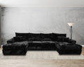 modern black corduroy sectional sofa with chaise in living room on striped rug