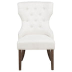 modern white tufted accent chair with dark wood legs for living room or bedroom