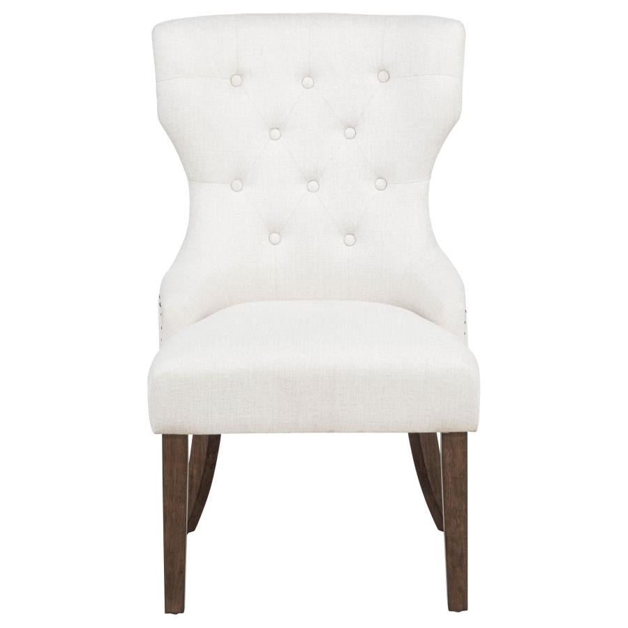 modern white tufted accent chair with dark wood legs for living room or bedroom